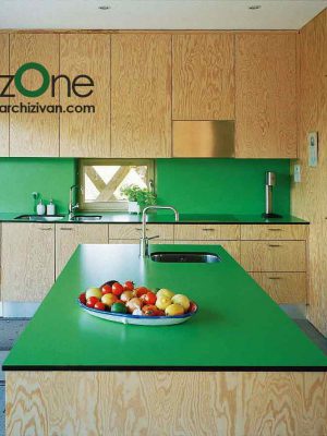 آشپزخانه مدرن سبز رنگ با طرح چوب مواج