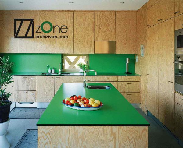 آشپزخانه مدرن سبز رنگ با طرح چوب مواج
