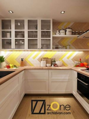 آشپزخانه پست مدرن با طرح چوب و رنگ سفید و زرد