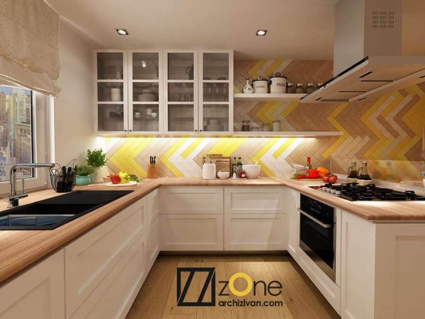 آشپزخانه پست مدرن با طرح چوب و رنگ سفید و زرد